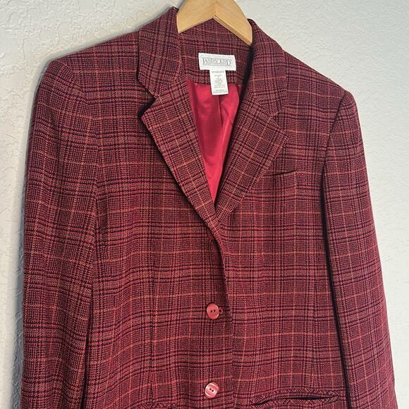 Vintage Lands’ End Dark Red Plaid Blazer Preppy Goth Money Wool Pockets Size 6 - Picture 4 of 7